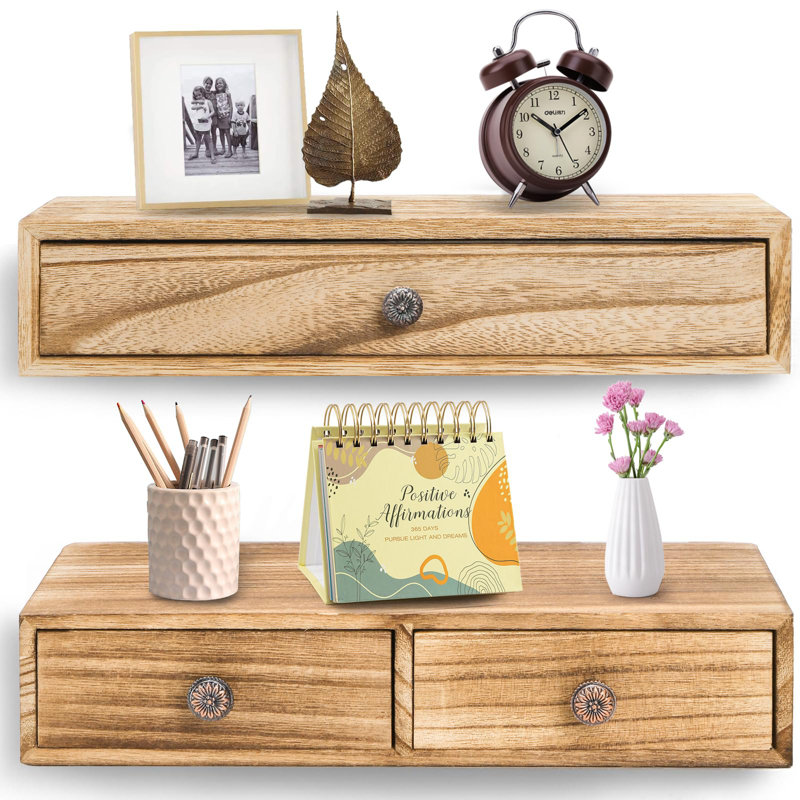 2 Packs Floating Nightstand With Drawer - Rustic Wood Floating Wall Mounted Drawers Floating Shelf With Drawer, Brown