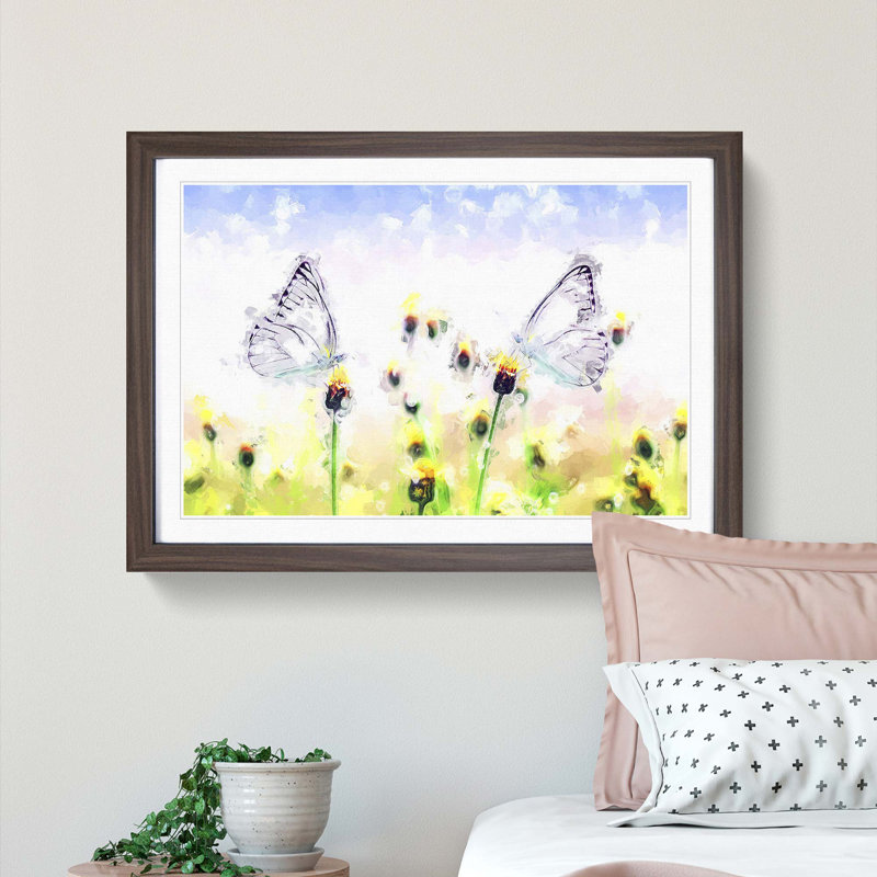 Two Butterflies upon Yellow Flowers in Abstract - Picture Frame Painting Print, 36cm H x 48cm W x 2cm D, Walnut Framed