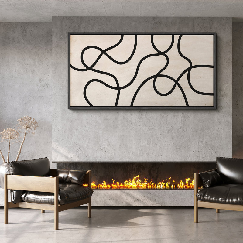 Lignes noires abstraites sur art moderne beige, H 30 po x l 60 po, Black