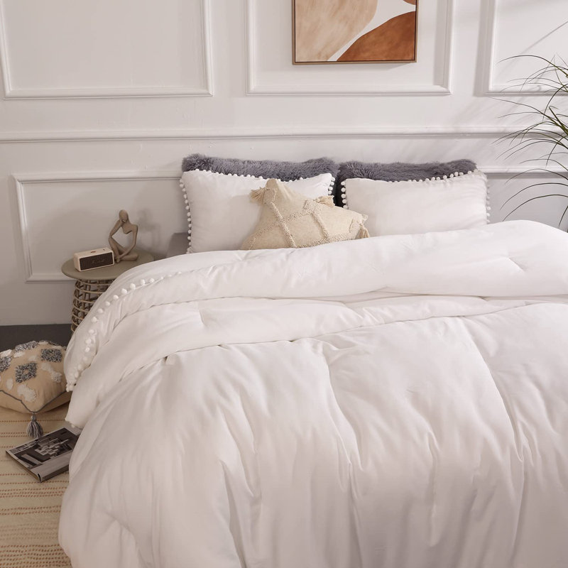 3 Pieces Ball Pom Fringe All Season Comforter Set, Soft OEKO-TEX Microfiber Boho Bedding for Bedroom Decor, White