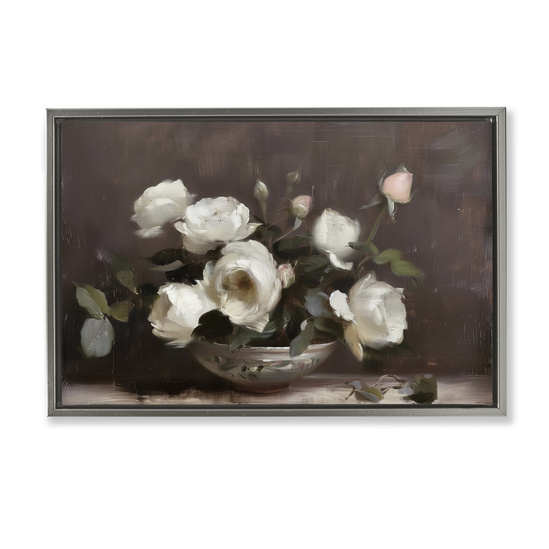 Nature morte traditionnelle rose, Cadre flottant gris lustré, H 17 po x l 25 po
