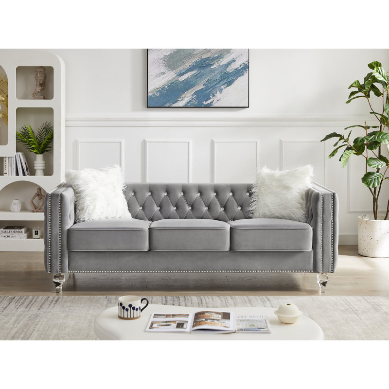 Canapé 83 po en velours, siège à 3 places, canapé à accoudoirs carrés avec 2 coussins, Gris