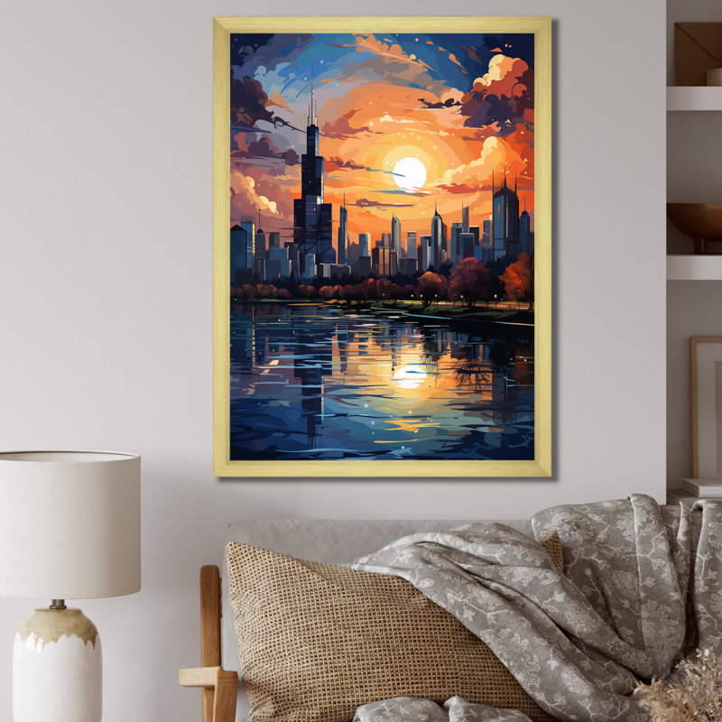 Chicago Popart III sur impression sur toile, H 44 po x l 34 po x P 1,5 po, Encadrement doré