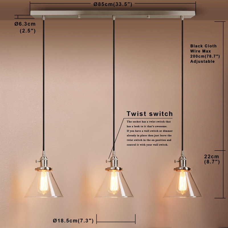 3 - Light Clear Kitchen Island Pendant, Brushed