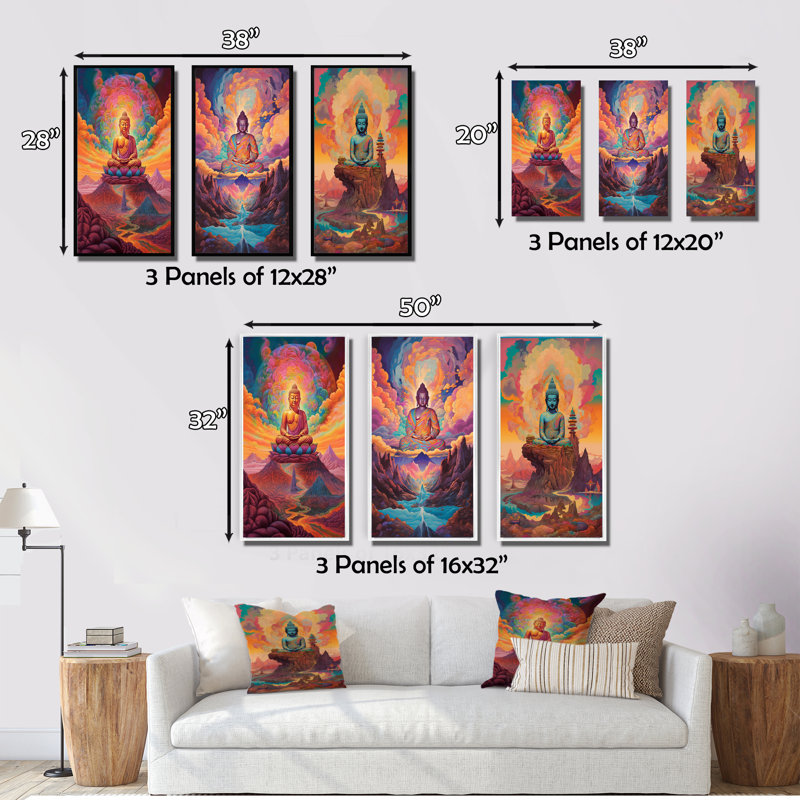 "Bouddha psychédélique dans les montagnes III", 3 pièces sur toile, Cadre blanc, H 36 po x l 20 po