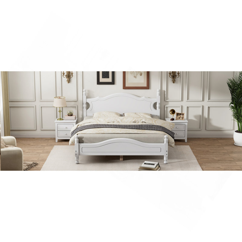 Cadre de lit plateforme grand lit en bois, lit plateforme de style rétro avec support en lattes de bois, blanc