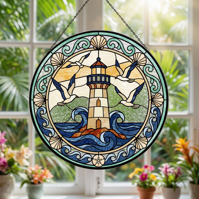 Panneau de vitrail en forme de mouette phare ， H 12 po, H 12 po