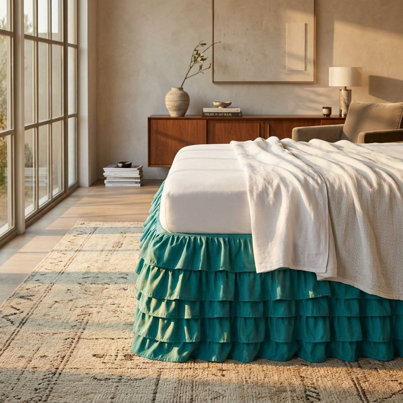 Multi-Ruffle King Bed Skirt, Seafoam Teal