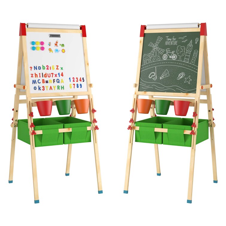 Qaba 3 In 1 Kids Wooden Art Easel with Paper Roll Double-Sided