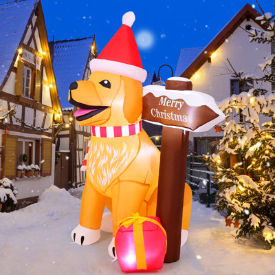 5 FT Christmas Inflatable Dog Standing by “Merry Christmas” Sign with Gift Box & Built-in LED Lights