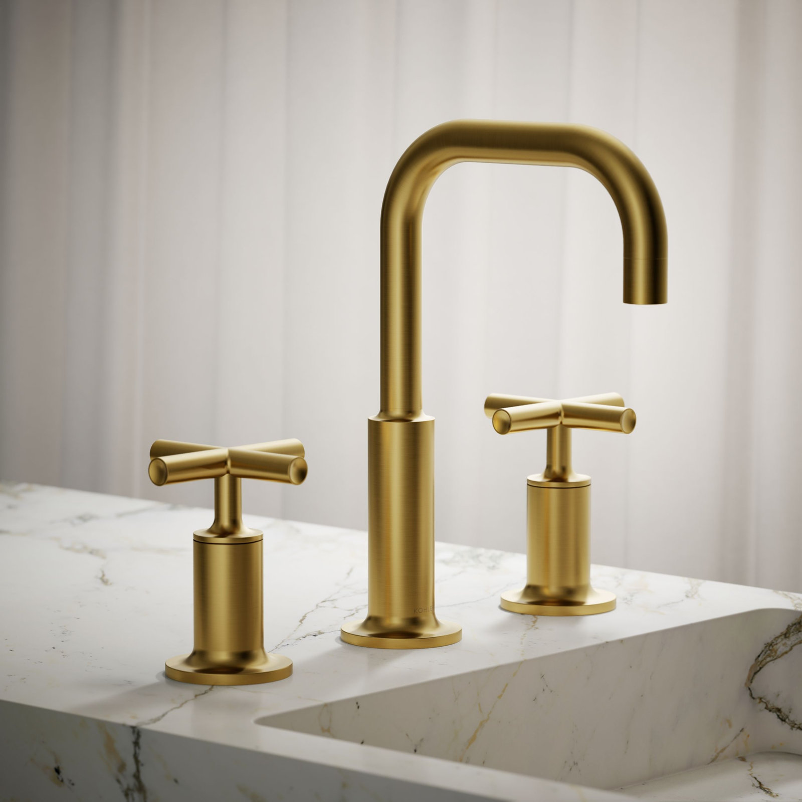 Purist High-Arc Cross-Handle Widespread Faucet, Vibrant Brushed Modern Brass