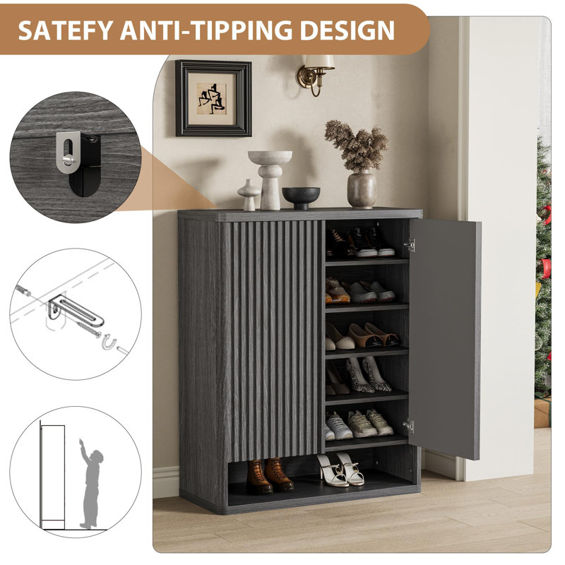 2 Pack Fluted Door Shoe Cabinet, Wooden Storage Organizer with Adjustable Shelves, Gray