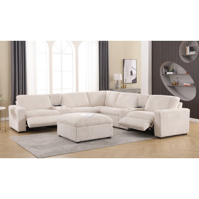 Annistyn 8 Piece 131.9'' L-Shaped Corduroy Power Reclining Sectional with Wireless Charging Storage