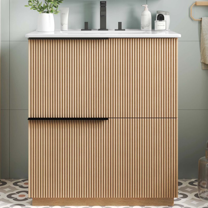 Meuble-lavabo de 30 po avec lavabo en céramique et tiroirs pleine extension, glissières de tiroir à fermeture en douceur, conception cannelée