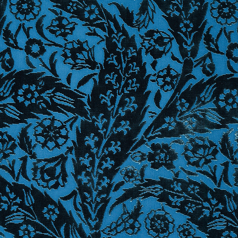 Saz Paisley Silk Velvet Fabric, Blue