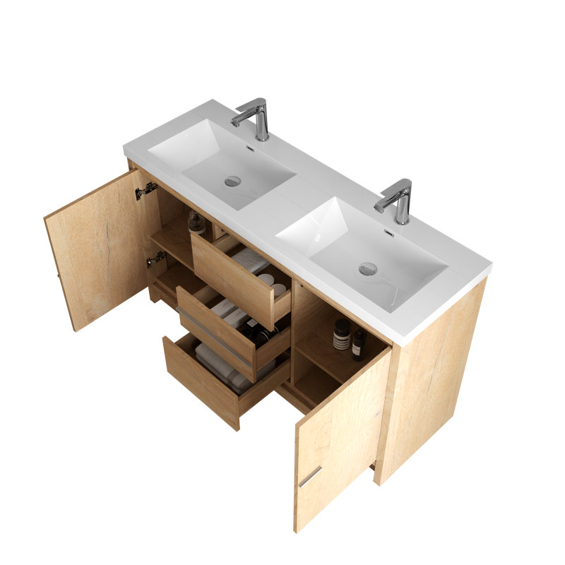 Meuble-lavabo double 60 po avec comptoir en pierre blanc brillant, 3 tiroirs, 2 portes, moderne, 60"