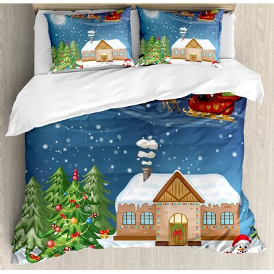 Christmas Classic Eve Scene Santa Delivering Gift with Rudolf the Nosed Reindeer Duvet Cover Set -  Ambesonne, nev_20081_king