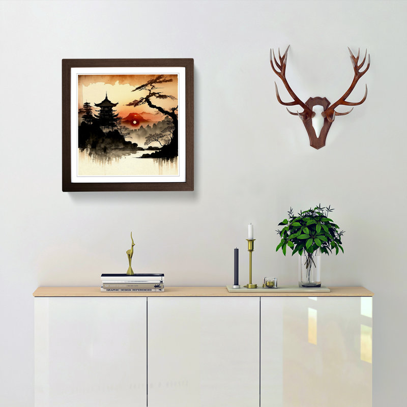 Japanese Sunset Ink Wash - Framed Print, Walnut
