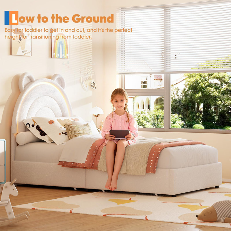 Princess Twin Size Bed Frame with 4 Storage Drawers & LED Lights, Velvet Upholstered Platform Bed with Rainbow Headboard