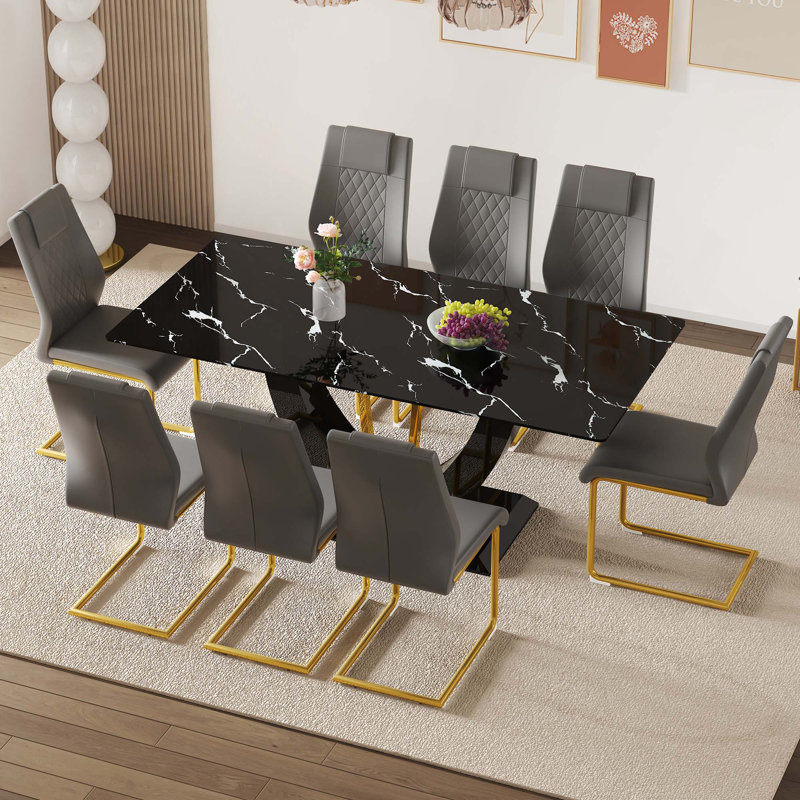 Ensemble de salle à manger en verre trempé à motif de marbre avec 8 chaises de haute qualité avec pieds arqués en métal