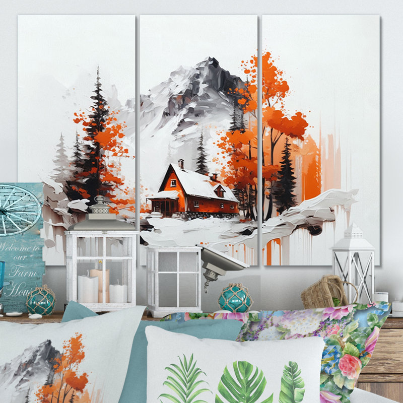 Monochère orange chalet en hiver 1 I - ensemble d'art mural sur toile paysage, H 28 po x l 36 po x P 1 po, Toile tendue