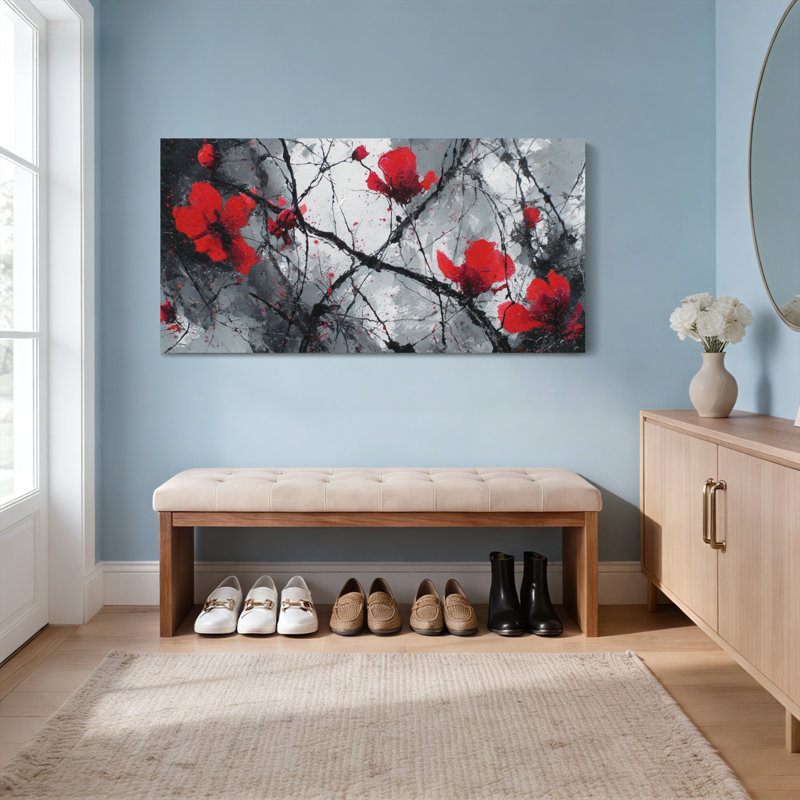 Ensemble de 1 tableau sur toile à motif floral abstrait rouge et branches d'arbre, H 28 po x l 58 po