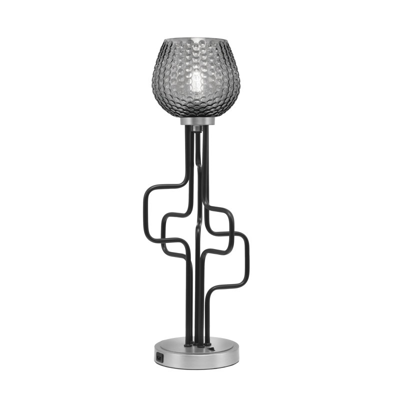 Lampe décorative Amarmula, avec ports USB, noir mat et finition graphite, verre texturé fumée 6 po, Argent argent