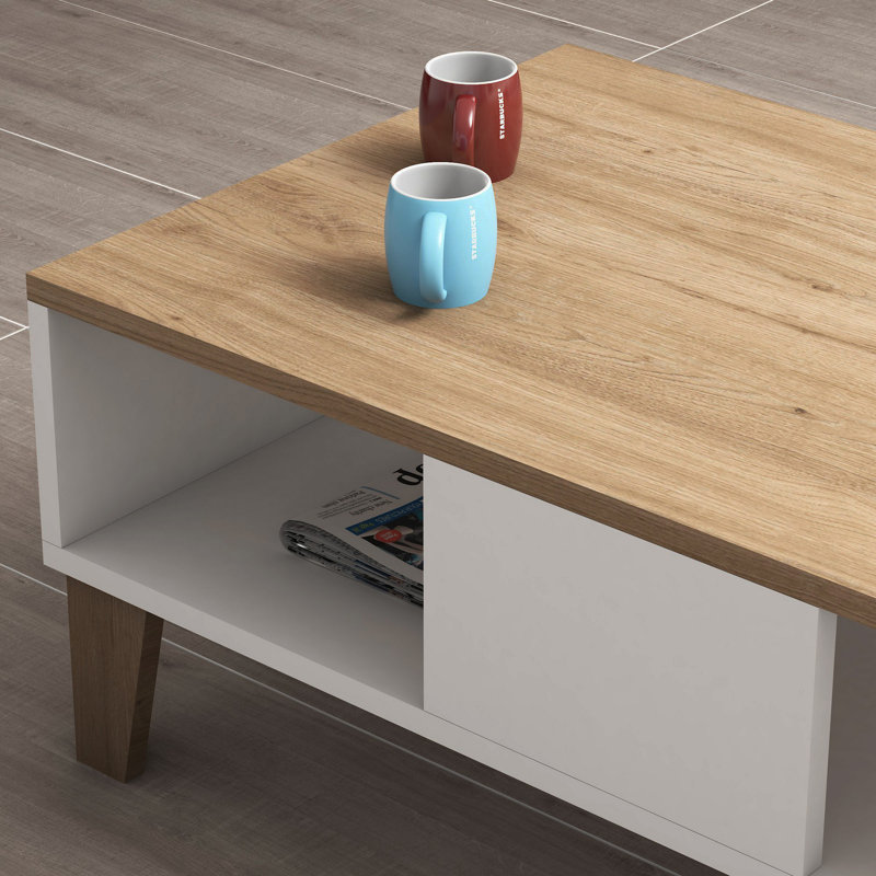Table basse moderne, chêne et blanc, 35,4 x 14,0 x 21,3 pouces | 100% panneau de particules enduit de mélamine, épaisseur: 0,7 pouce | Design scandinave, élégant et fonctionnel, parfait pour le salon et les espaces contemporains