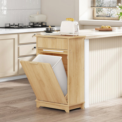 Armoire à poubelle en bois inclinable avec bande de capteur de lumière, rangement caché pour poubelle de cuisine et de buanderie avec tiroir et porte rabattable