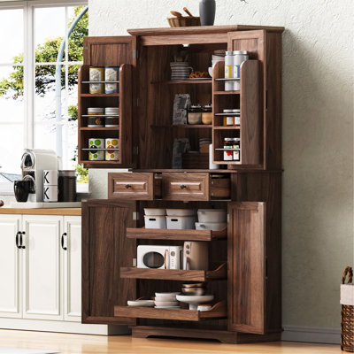 Armoire de cuisine de 71 po de hauteur avec 3 organisateurs d'armoire coulissants, armoire de rangement en relief à texture de ferme avec 6 tablettes de porte, 2 tiroirs, armoire de cuisine autoportante, brun