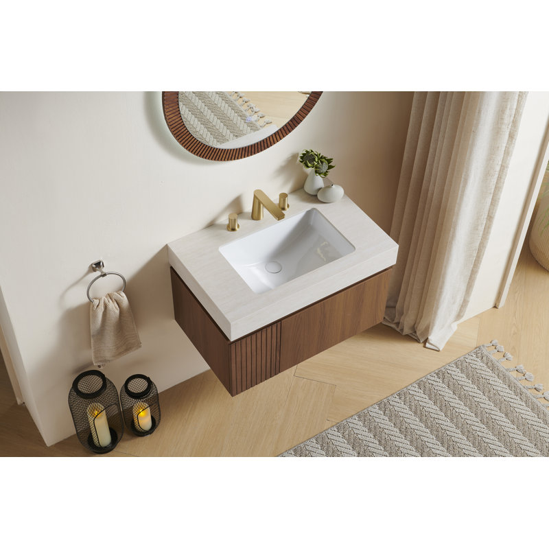 Muri 30" Bathroom Vanity&Sink, Floating Plywood Storage Cabinet With Drawer&Door, Roma Travertine Sintered Stone Top&Ceramic Basin With 3 Pre-Drilled Faucet Holes, Pre-Assembled, Brown Oak Woodgrain