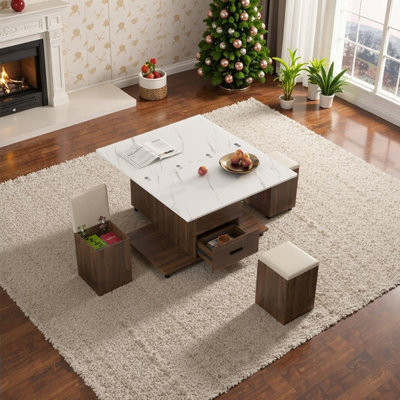 Ensemble de tables basses modernes à rallonge avec 4 repose-pieds - rangement caché et tiroirs