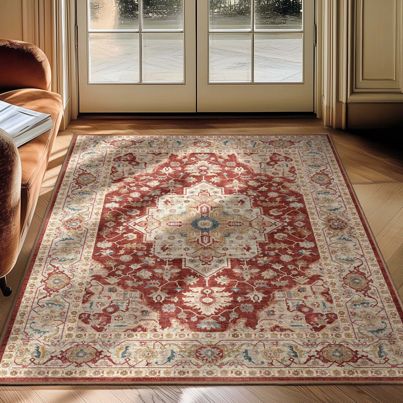 Summit Red Beige Medallion Oriental Area Rug, Rectangle 3'11" x 5'3" 