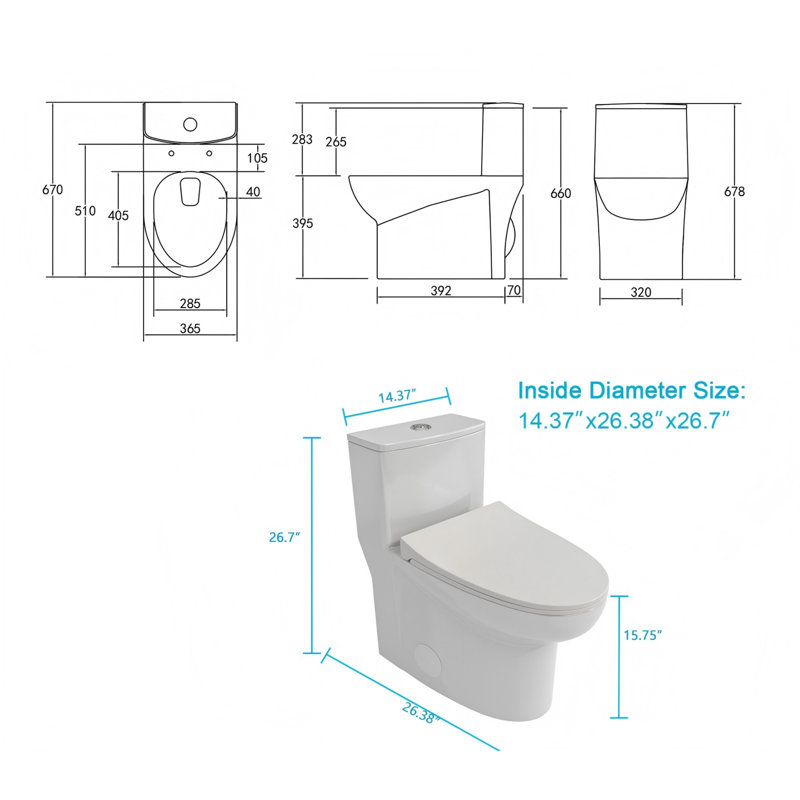 Toilette allongée blanche en céramique une pièce, double chasse, jet siphon, brute 12 po
