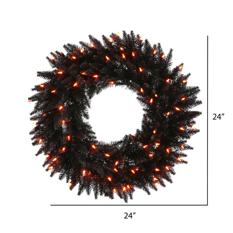 Couronne de sapin artificielle en PVC, H 24 po x l 24 po x P 3 po, Noir avec lumières orange, Oui