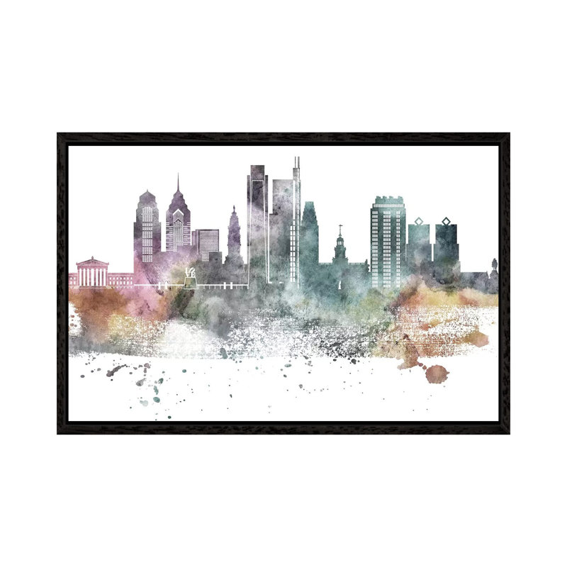 Philadelphia Pastel Skylines - Print on Canvas, 66.04 cm H x 45.72 cm W, Black Framed