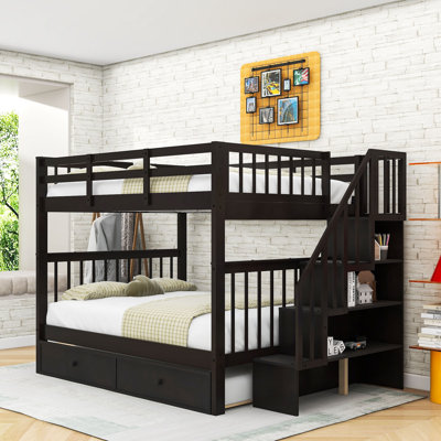Wood Standard Bunk Bed With Stairs and Trundle by Harriet Bee