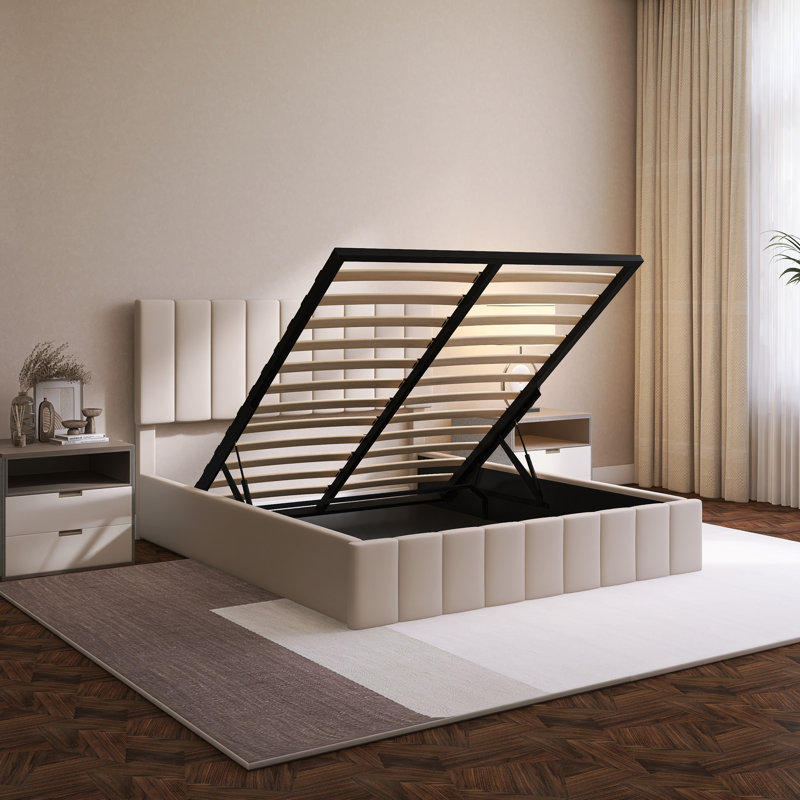 Lit plateforme tapissier avec système de rangement hydraulique, Double, Beige