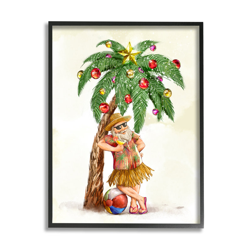 «Tropical», père Noël, palmier allongé ornement noir, estampe numérique encadrée, art texturé par Ziwei Li