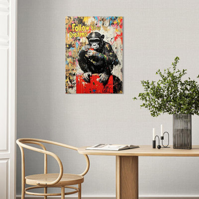Banksy Street Graffiti Monkey Canvas Wall Art For Living Room,Follow Your Dreams Animal Picture Prints Canvas Artworks,Doodle Monkey For Wall Decor Framed Ready To Hang