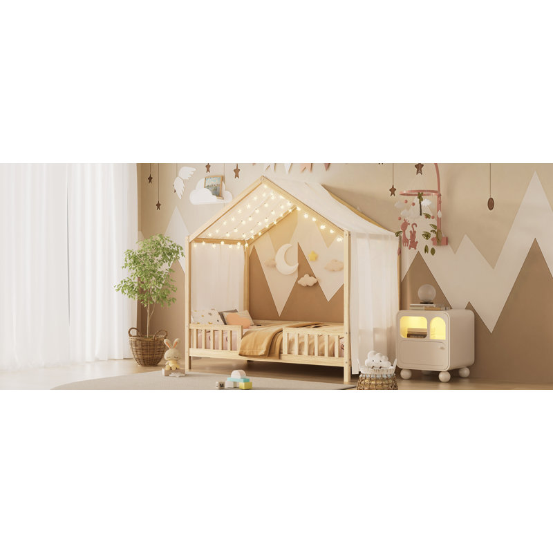 Lit de sol avec baldaquin Montessori, Naturel, Lit simple