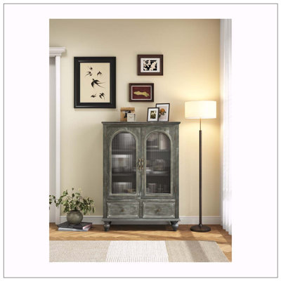 Armoire de rangement, garde-manger en bois vieilli avec 2 portes en verre et 2 tiroirs