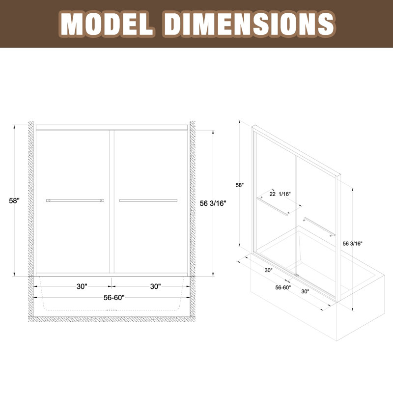 56-60-inch Matte Black Aluminum Frame Bypass Bathtub Screen, Matte Black
