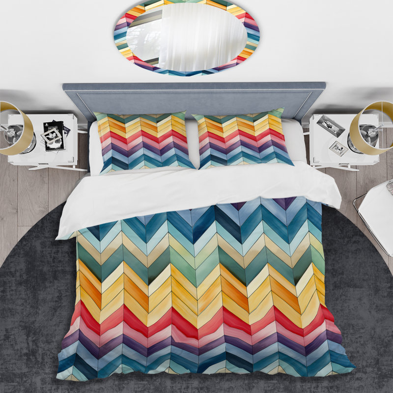 Ensemble de housse de couette en microfibre aquarelle à motif de chevrons multicolores II bleu / jaune / rouge