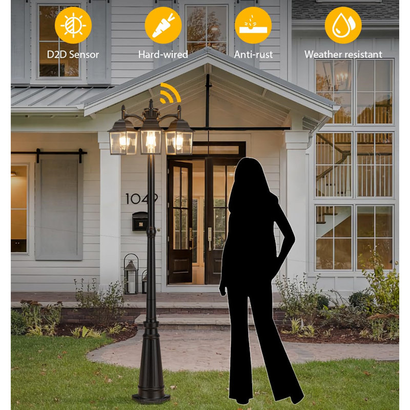3-Head Outdoor Lamp Post Light With Dusk To Dawn Sensor