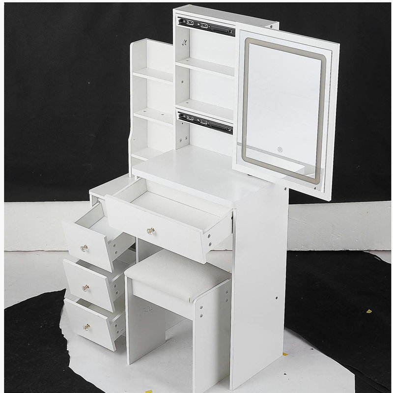 29.2" Small Size Left Bedside Cabinet Vanity Table + Cushioned Stool, Large Sliding, Touch Control, Tri-color Switching, Brightness Adjust LED Mirror, High Capacity Storage, Suitable for Small Space