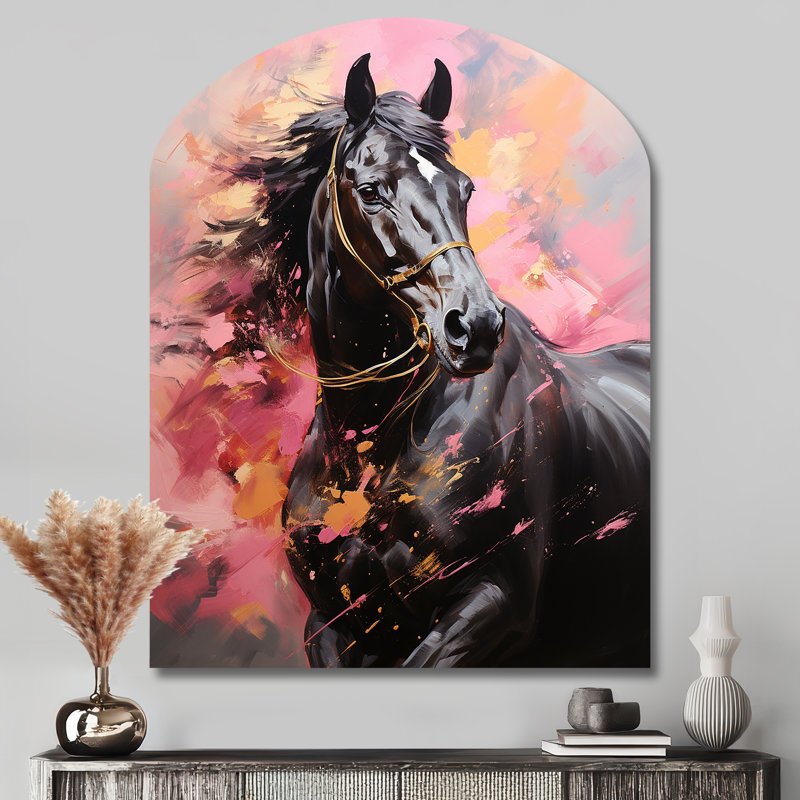 «Pink Black Horse Vibrant Pink Equine», art mural en métal cheval asymétrique, H 43 po x l 33 po