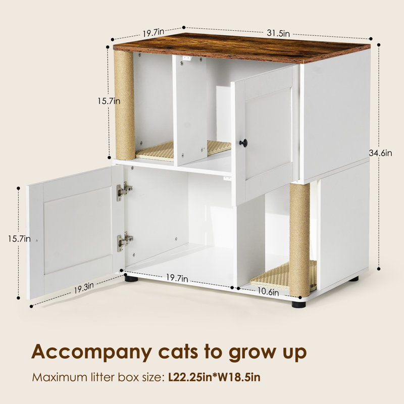 Armoire à litière à double couche pour litière pour chat avec grattoir et tapis pour litière, blanc