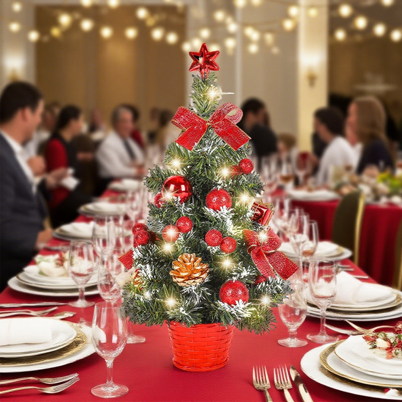 Petit arbre de Noël de 45 cm avec lumières, mini arbre de décoration de bureau avec sommet d'arbre en forme d'étoile, boules, arcs, pommes de pin pour bureau à domicile, bar, décorations de Noël