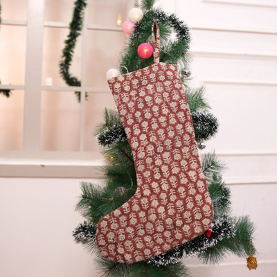 Fabdivine Handmade Block Print Linen Christmas Stocking Artisan Linen Holiday Décor- Tulsi Buti